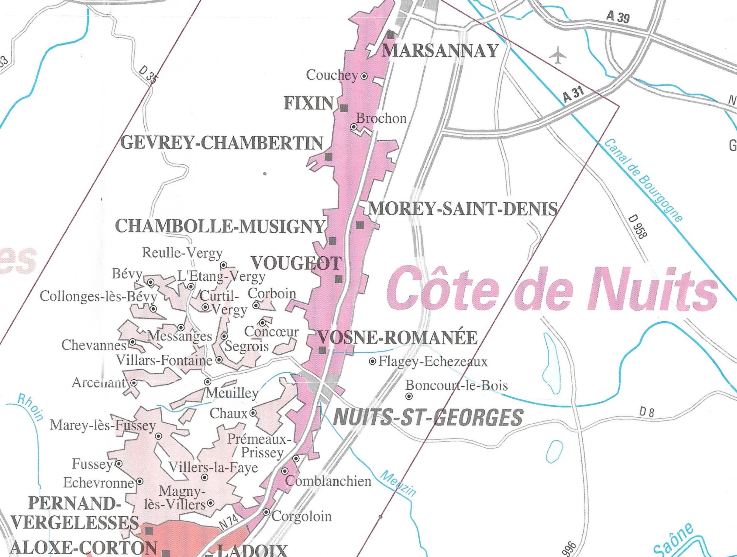 Kort over Côte de Nuits